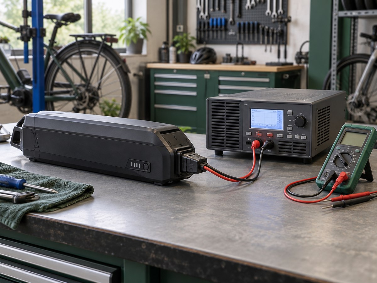 Illustratie van een fietsaccu aangesloten op een accutester, met een multimeter ernaast